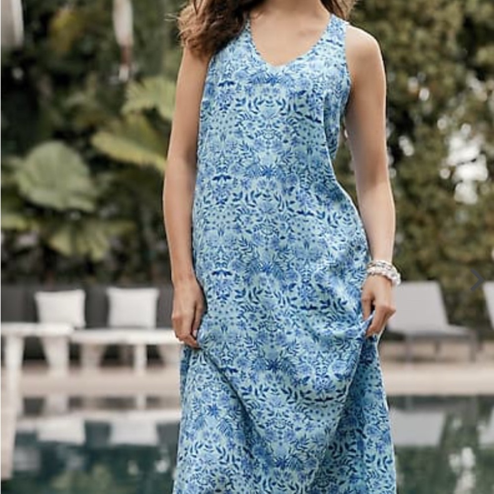 J Jill Love Linen Blue Floral Sleeveless Maxi Dress Small Coastal